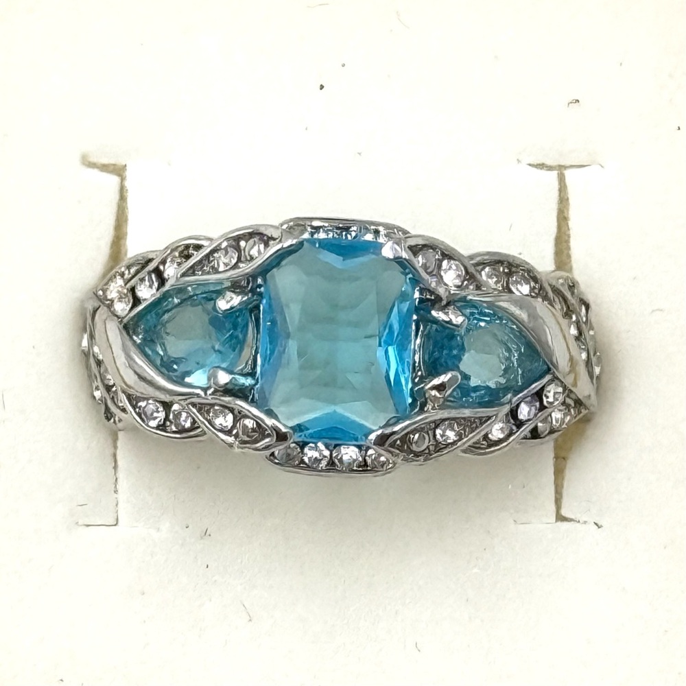 New Sterling Silver Aquamarine & White Topaz Ring Size 6.5